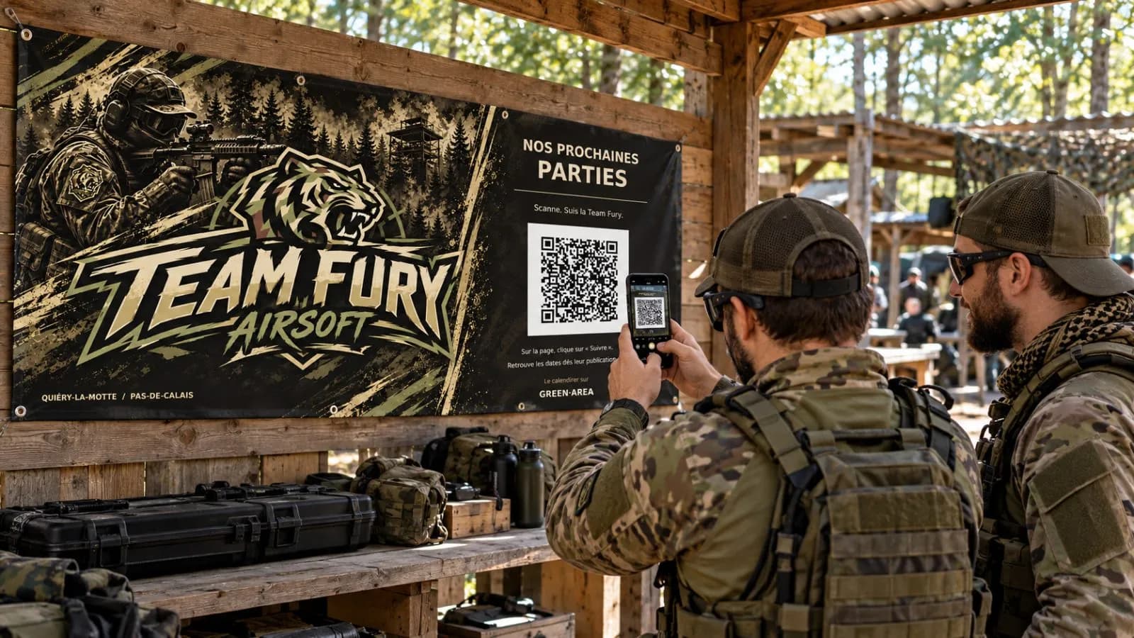 En zone neutre, deux joueurs en tenue d’airsoft devant la bâche Team Fury ; l’un scanne son QR code avec un téléphone