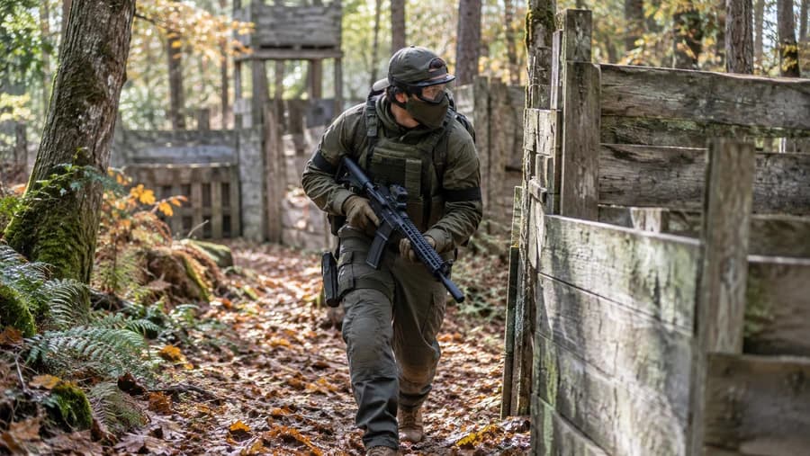 Photo illustrative d’un joueur près d’une barricade sur un terrain d’airsoft