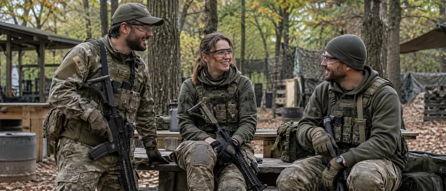 Photo illustrative de joueurs d’airsoft sur un terrain boisé
