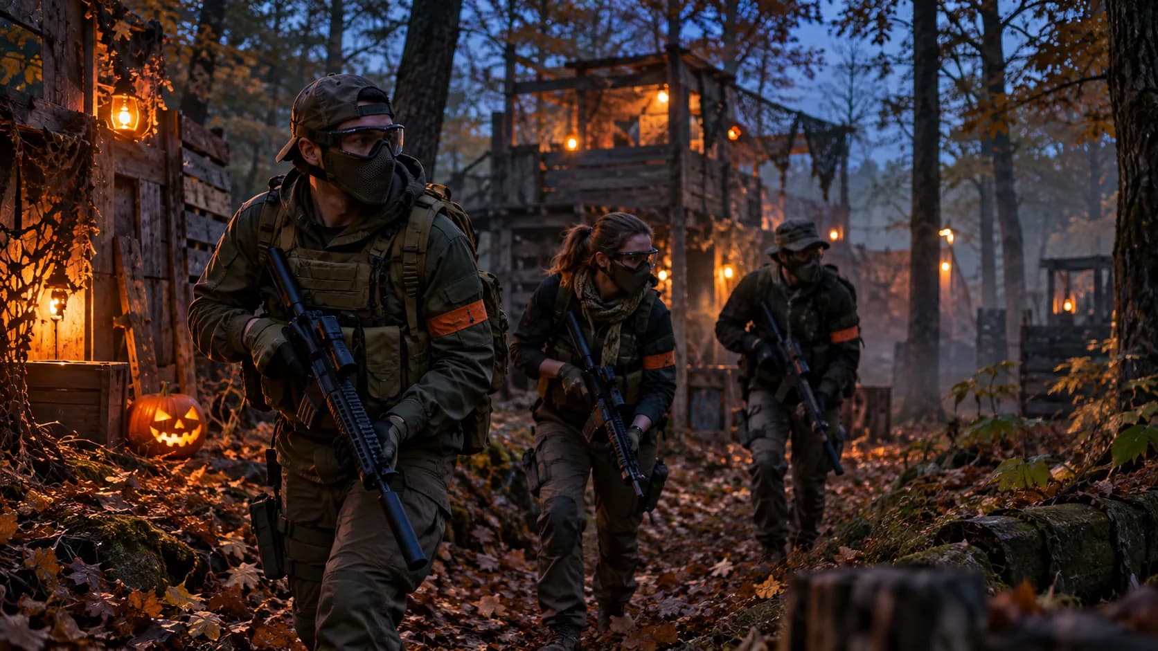 Illustration de joueurs d’airsoft avec protections dans une forêt à la tombée du jour, avec une décoration Halloween.