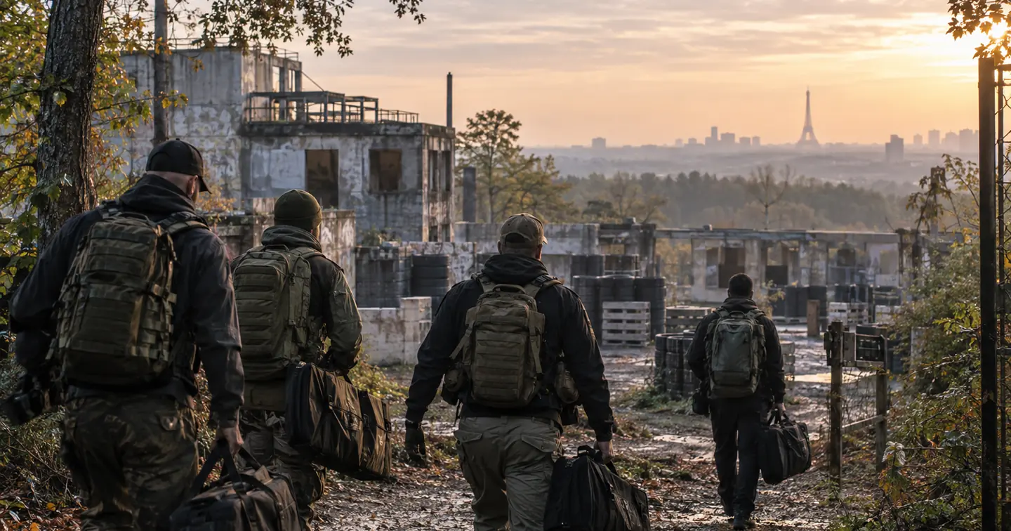 Carte stylisée des prochaines parties d’airsoft accessibles en Île-de-France avec différents types de terrains