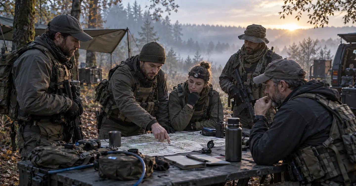 Équipe de joueurs préparant une opération MilSim de 24 heures autour d’une carte et de radios