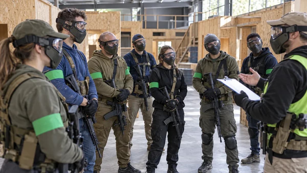 Joueurs adultes équipés de protections oculaires et faciales pendant un briefing dans une arène CQB. Illustration générée par IA.