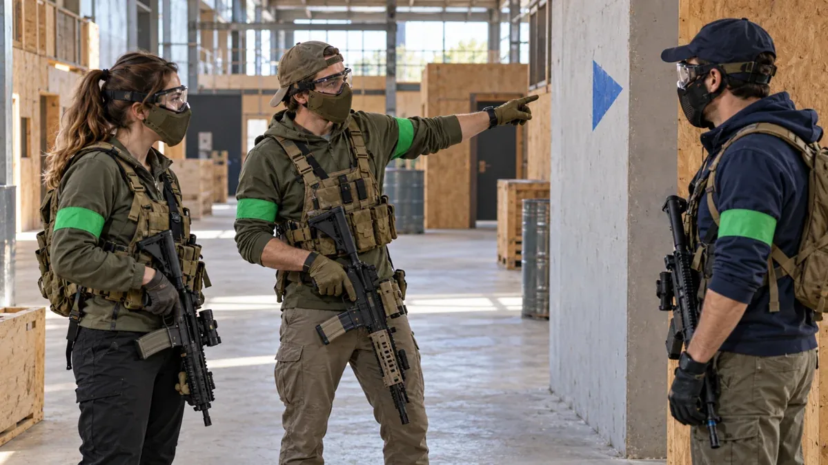 Trois joueurs d’airsoft échangent autour d’un repère visuel dans une arène intérieure. Illustration générée par IA.