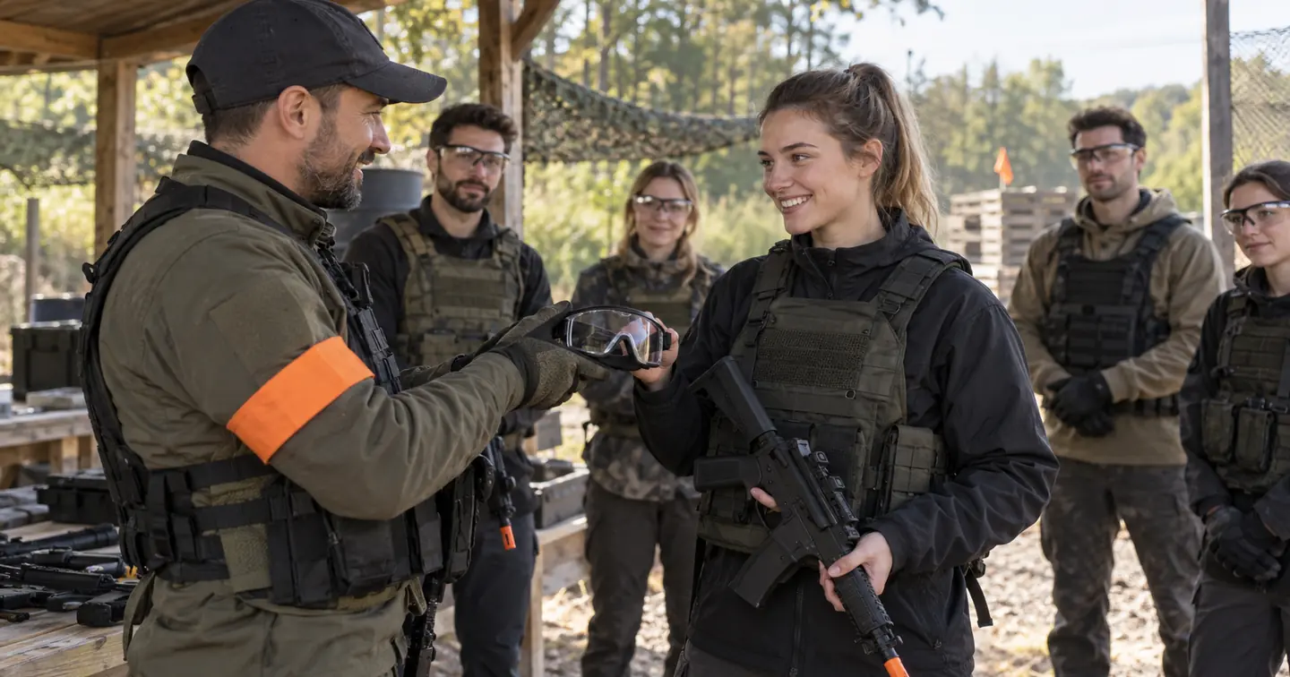 Joueur débutant découvrant l’airsoft avec une protection adaptée, une location et un briefing de sécurité