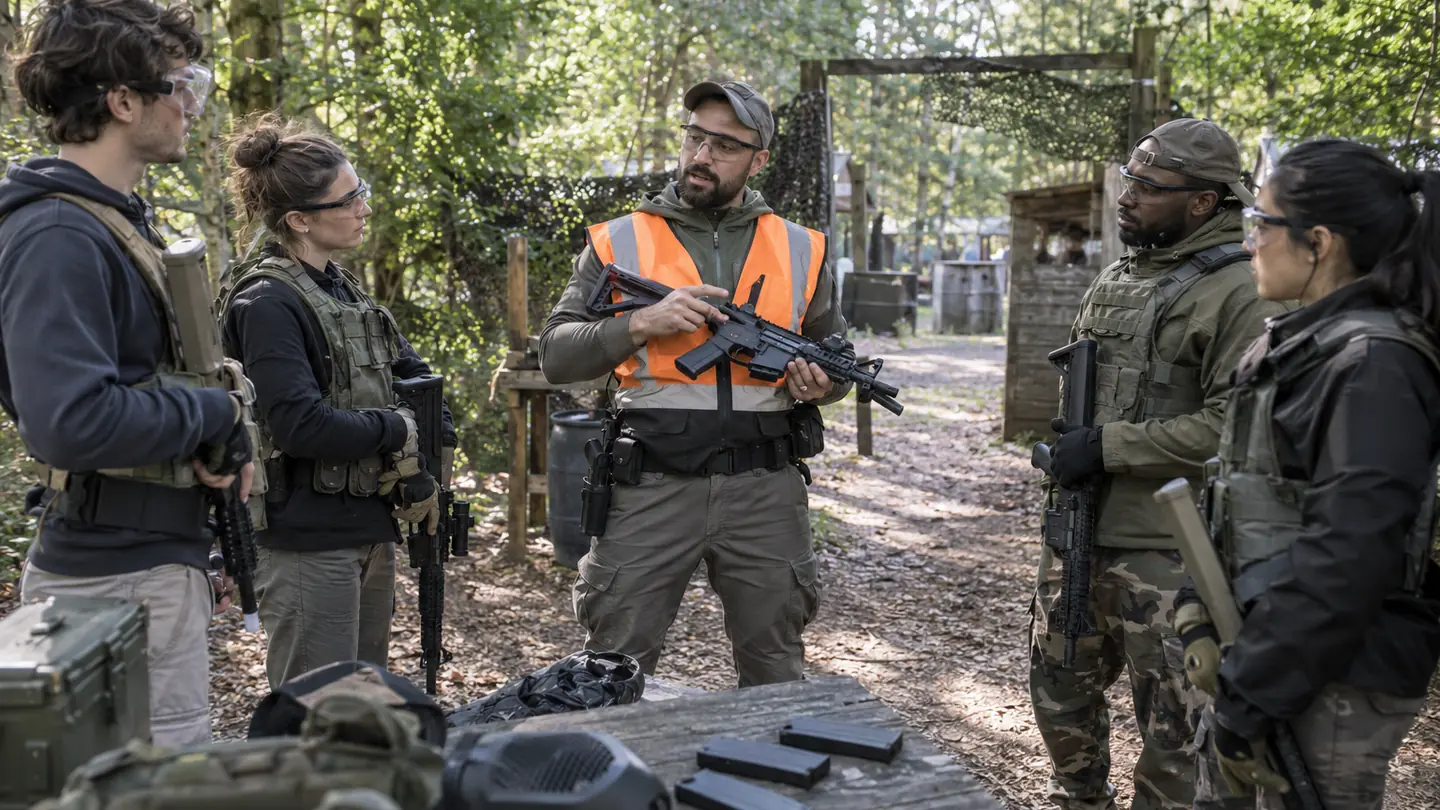 Déroulement d’une première journée d’airsoft : arrivée, contrôle du matériel, briefing, constitution des équipes et scénarios