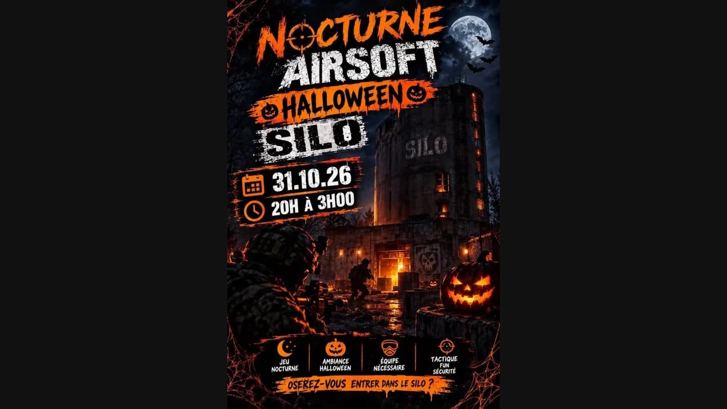 Affiche de la nocturne airsoft Halloween au Silo le 31 octobre 2026