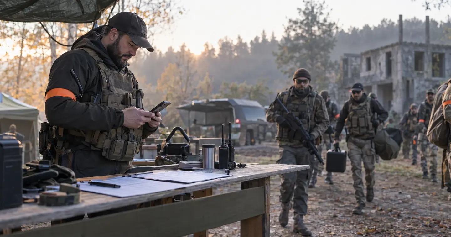 Organisateur d’une partie d’airsoft préparant les inscriptions, le briefing et le check-in des joueurs