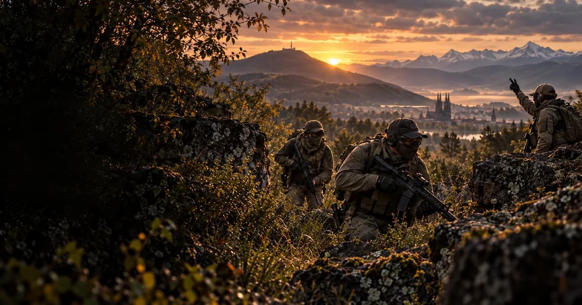 Illustration d’airsoft : joueurs derrière des rochers, puy de Dôme et sommets alpins à l’horizon
