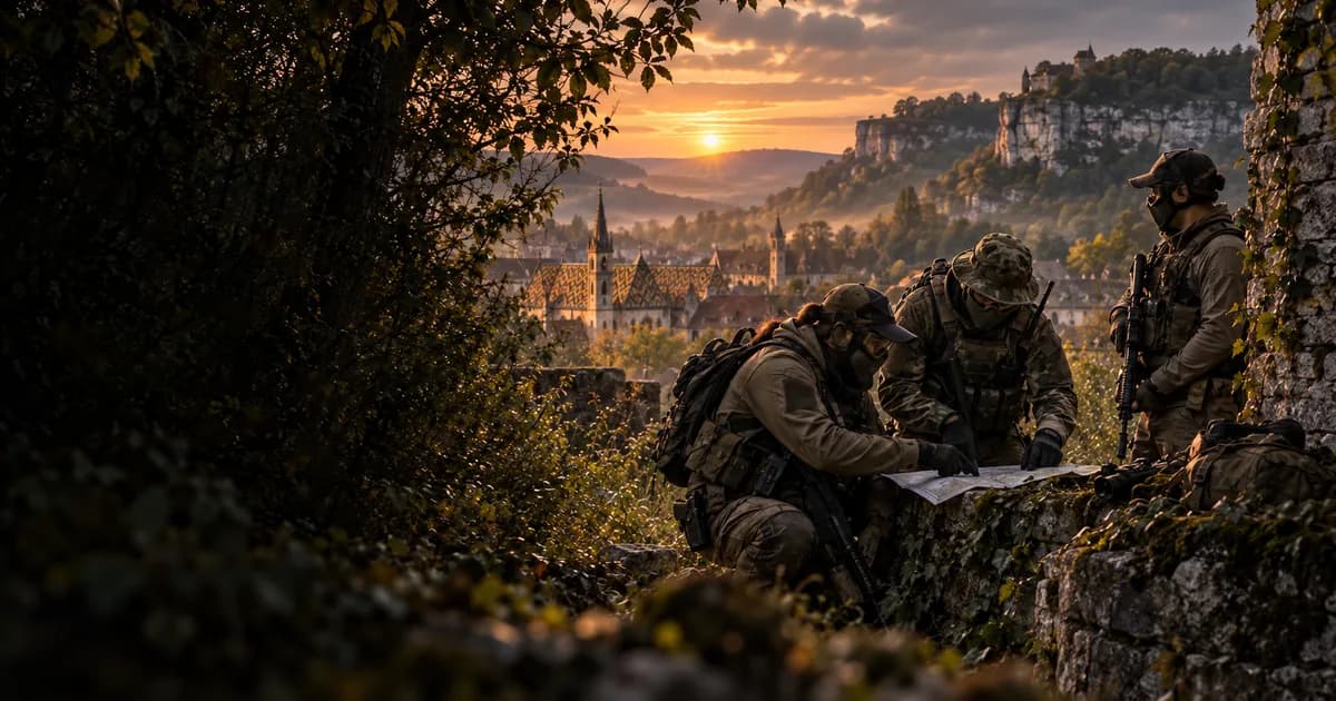 Illustration d’airsoft : joueurs près de murets, toits bourguignons et relief du Jura