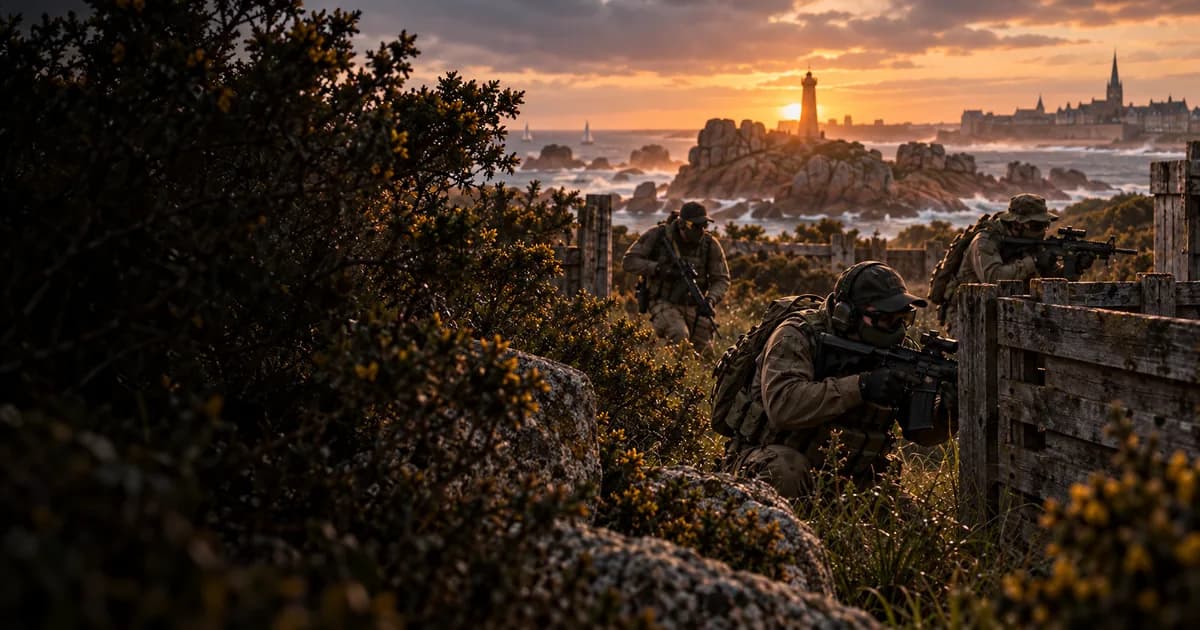 Illustration d’airsoft : joueurs parmi les ajoncs, granit rose et phare breton
