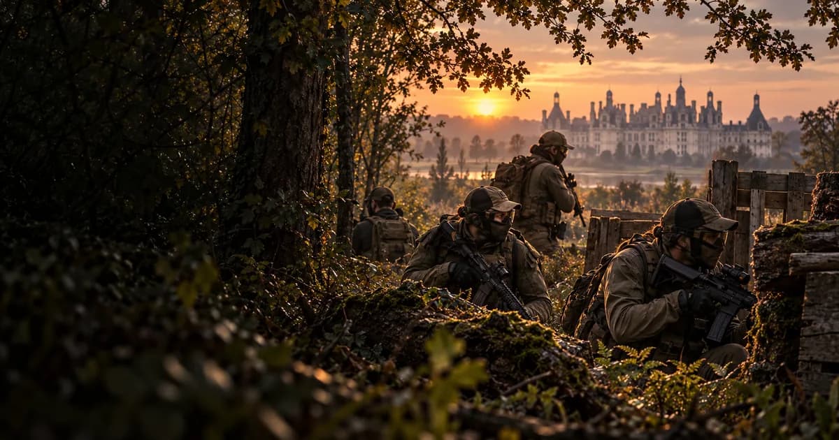 Illustration d’airsoft : joueurs en sous-bois avec un château de la Loire à l’horizon
