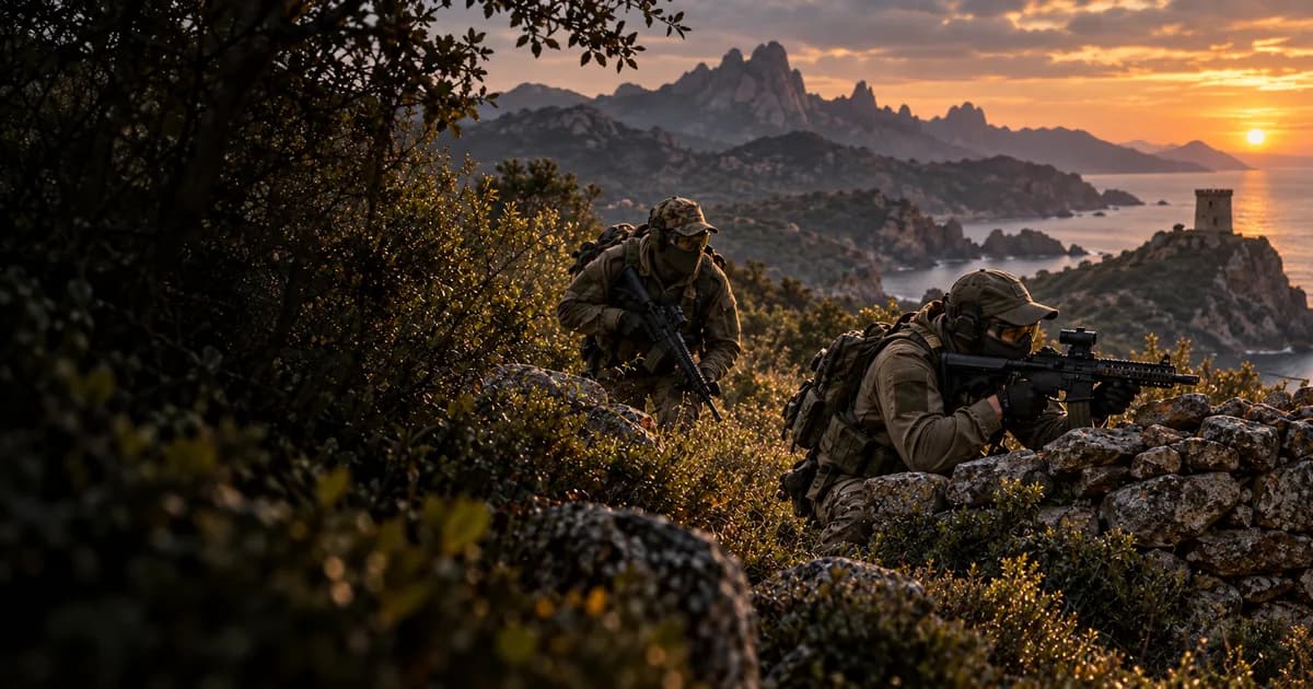 Illustration d’airsoft : joueurs dans le maquis, montagnes et tour génoise