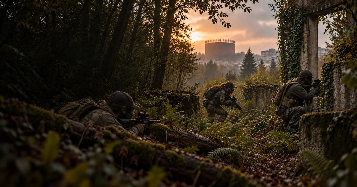 Joueurs d’airsoft en reconnaissance dans un sous-bois de l’Essonne près d’Évry
