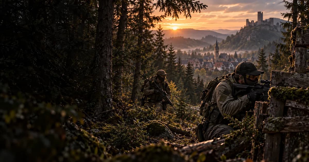 Illustration d’airsoft : joueurs dans une forêt vosgienne, village alsacien et château en arrière-plan