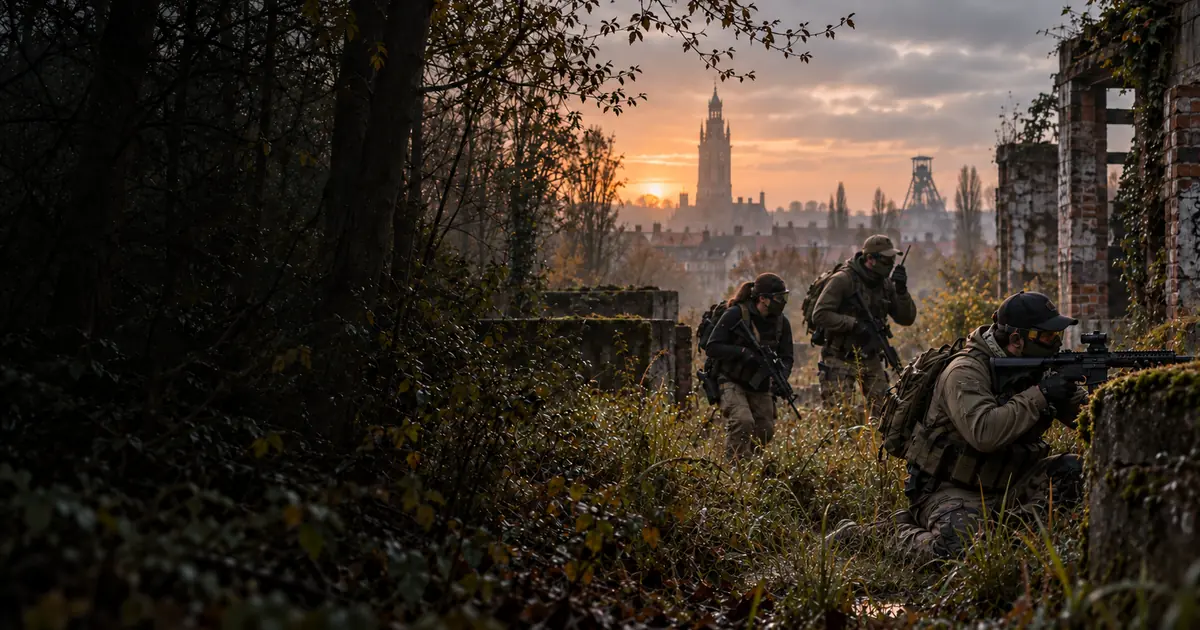 Joueurs d’airsoft dans une friche des Hauts-de-France, avec beffroi et chevalement