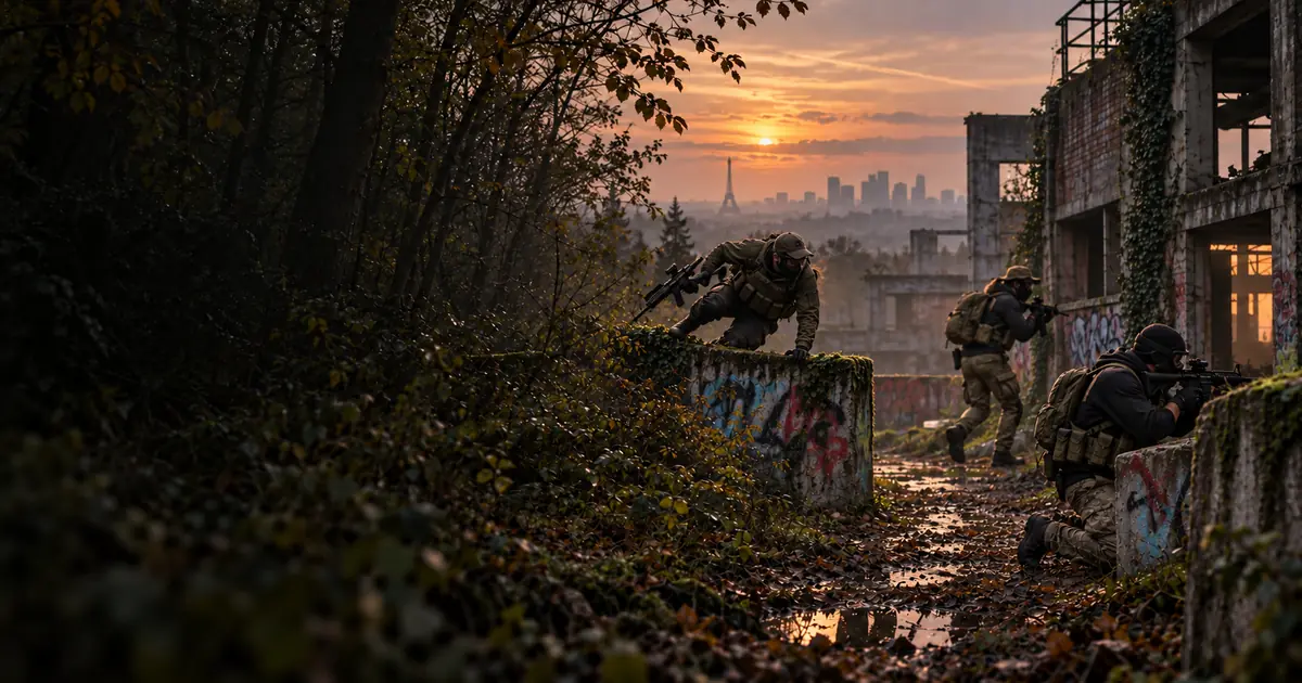 Partie d’airsoft en zone périurbaine avec Paris et La Défense à l’horizon