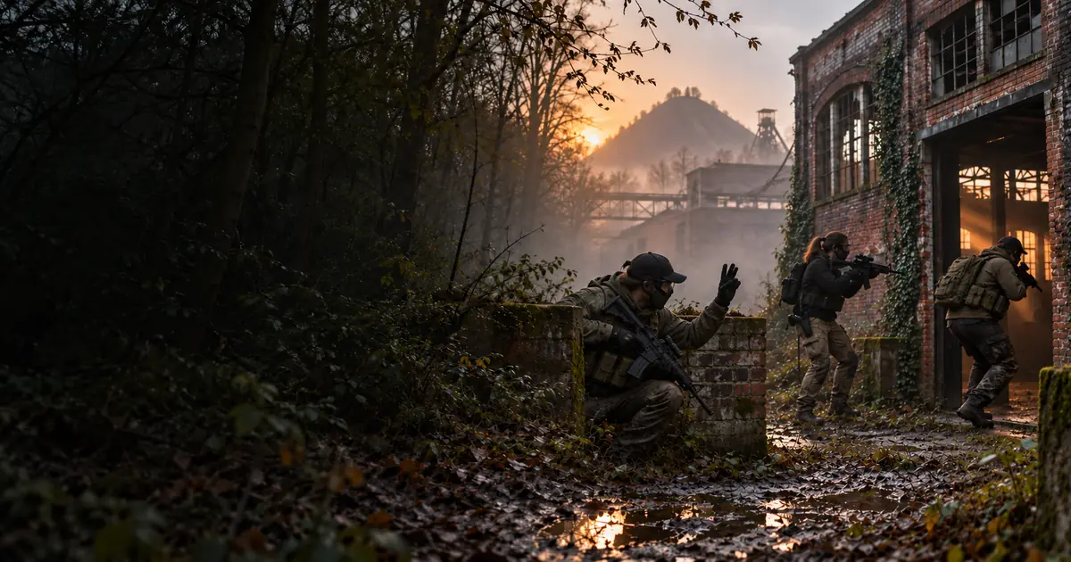 Joueurs d’airsoft devant une ancienne mine du Nord, avec terril et chevalement