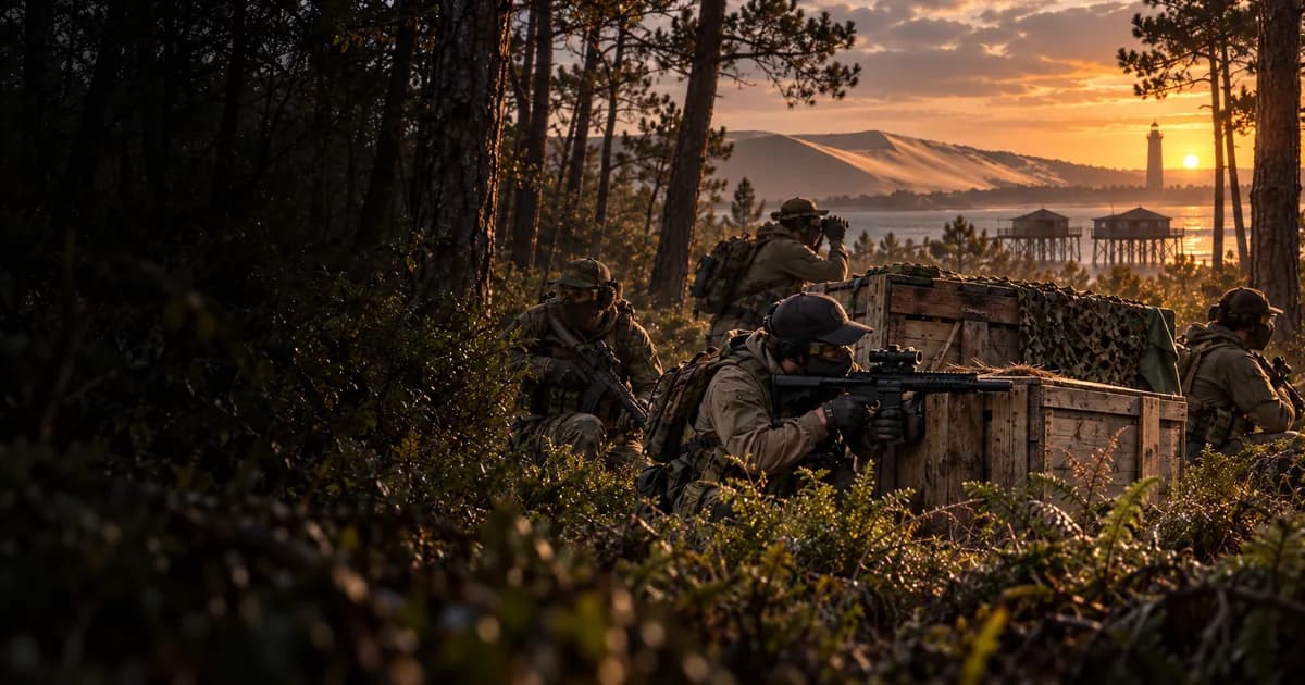 Illustration d’airsoft : joueurs autour d’un objectif, pins landais et dune atlantique