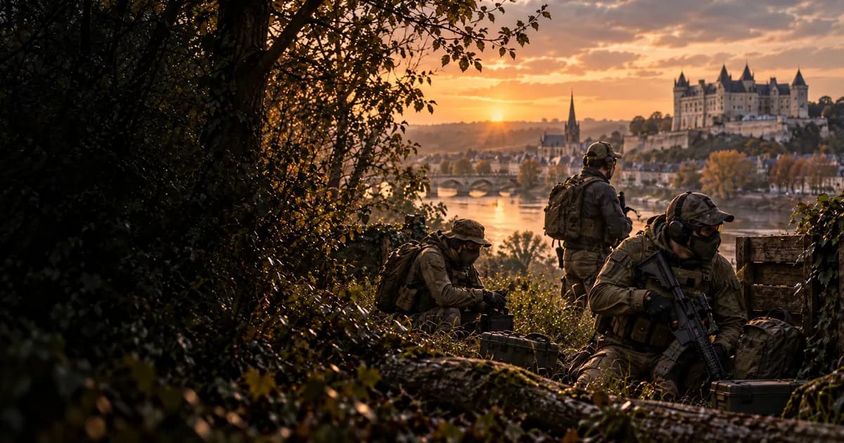 Illustration d’airsoft : joueurs préparant leur matériel, Loire et château de tuffeau