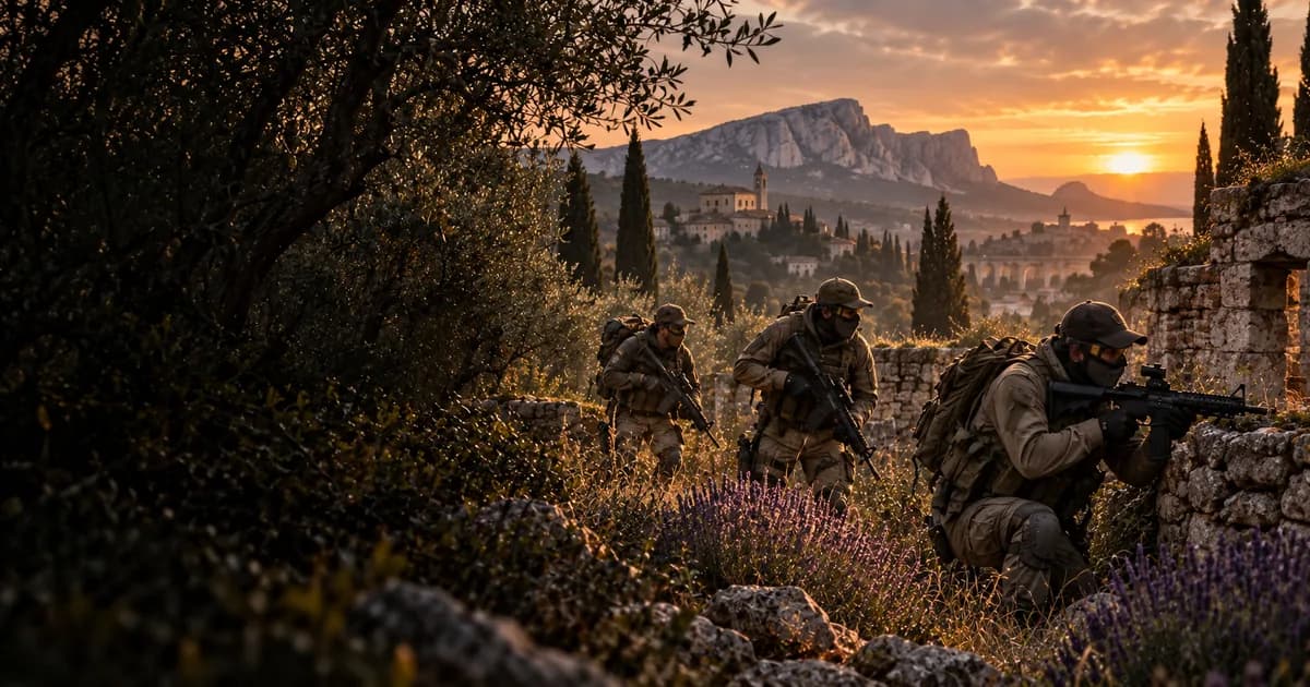 Illustration d’airsoft : joueurs entre oliviers et murets, montagne Sainte-Victoire à l’horizon