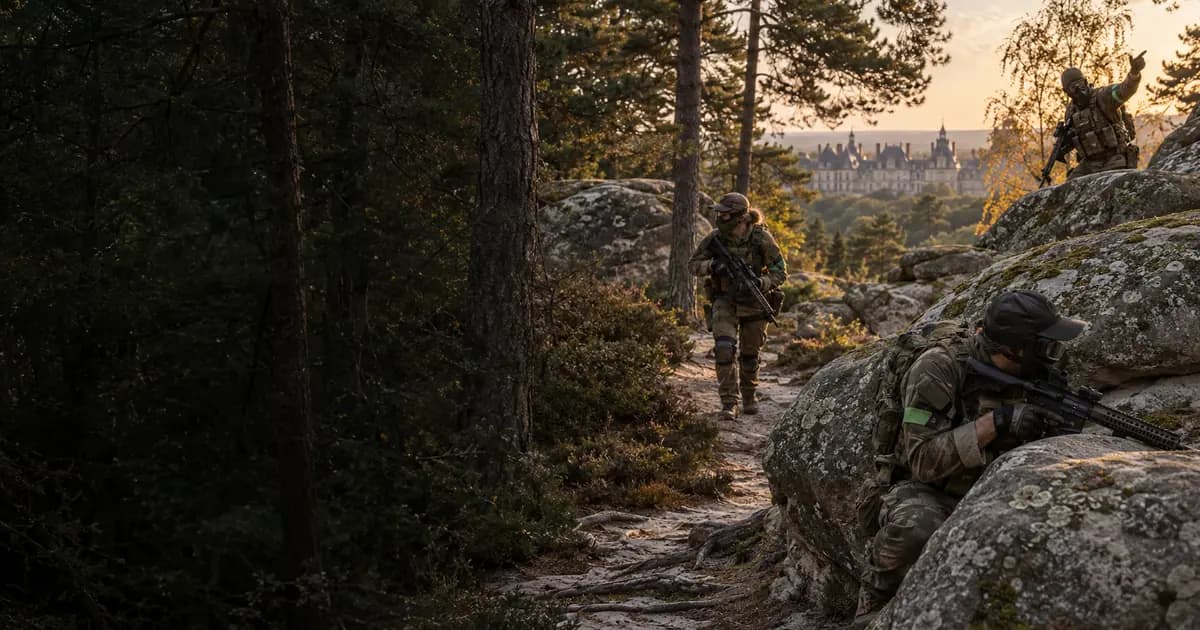 Joueurs d’airsoft parmi les rochers de la forêt de Fontainebleau en Seine-et-Marne
