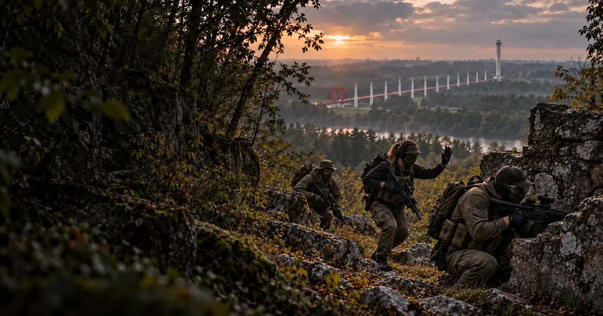Joueurs d’airsoft sur un terrain rocheux du Val-d’Oise devant l’Axe majeur de Cergy