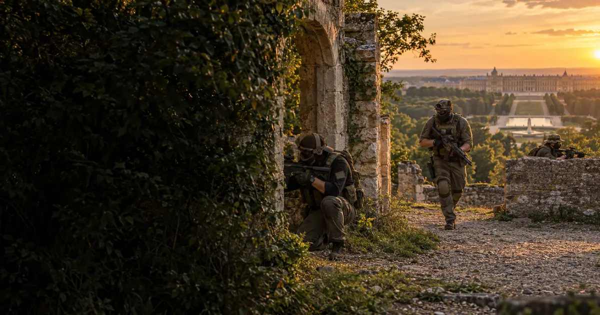 Joueurs d’airsoft dans un domaine boisé des Yvelines avec Versailles à l’horizon